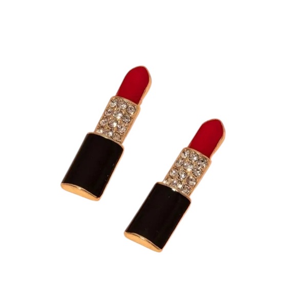 Red Lipstick Shaped Rhinestone Stud Earrings - Picture 1 of 2